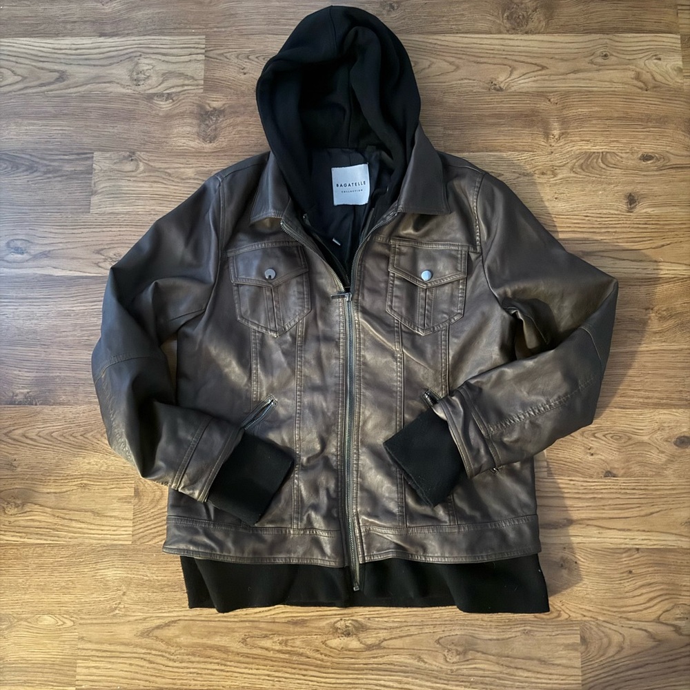 Bagatelle Brown Leather Bomber Jacket with Black Hood